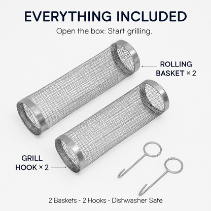 2Pcs 3.42x11.61Inch Portable BBQ Rolling Basket Round Stainless Steel Grill Mesh Barbecue Net Tube with Removable Cover Outdoor Camping