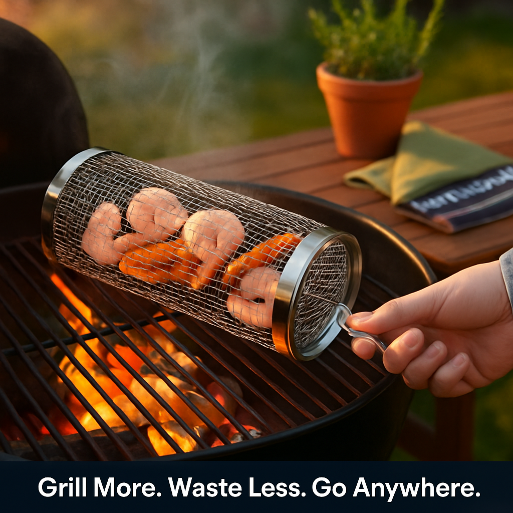 2Pcs 3.42x11.61Inch Portable BBQ Rolling Basket Round Stainless Steel Grill Mesh Barbecue Net Tube with Removable Cover Outdoor Camping
