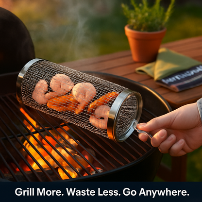 2Pcs 3.42x11.61Inch Portable BBQ Rolling Basket Round Stainless Steel Grill Mesh Barbecue Net Tube with Removable Cover Outdoor Camping