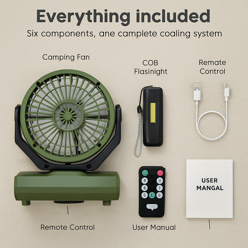Oscillating Camping Fan with Flashlight, Remote Control