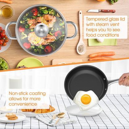 7-Piece Stainless Steel Cookware Set with Tempered Glass Lid-Silver