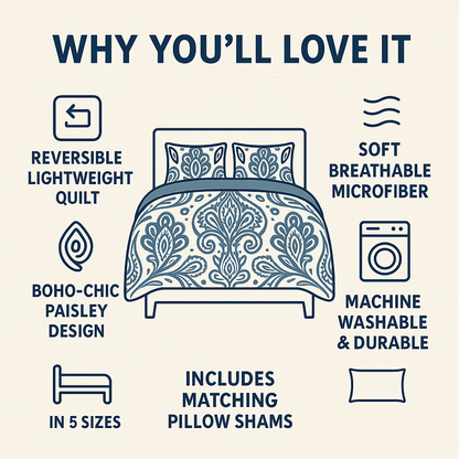 DaDa Bedding Bohemian Summertime White Blue Floral Paisley Bedspread Set (KSX-003)