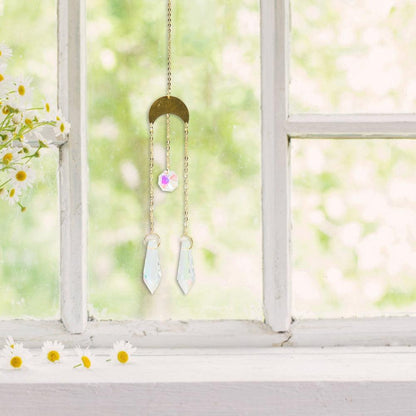 Metallic Hoop Moon Sun Catcher Hanging Crystal Pendant Chandelier Lamps Light Crystals Glass Pendants Light Rainbow Maker Wind Chime Hanging Drop Gift of Good Luck Garden Decor Hanging Ornament For Home Decoration
