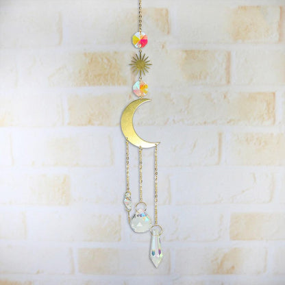 Metallic Hoop Moon Sun Catcher Hanging Crystal Pendant Chandelier Lamps Light Crystals Glass Pendants Light Rainbow Maker Wind Chime Hanging Drop Gift of Good Luck Garden Decor Hanging Ornament For Home Decoration