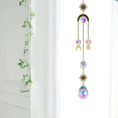 Metallic Hoop Moon Sun Catcher Hanging Crystal Pendant Chandelier Lamps Light Crystals Glass Pendants Light Rainbow Maker Wind Chime Hanging Drop Gift of Good Luck Garden Decor Hanging Ornament For Home Decoration