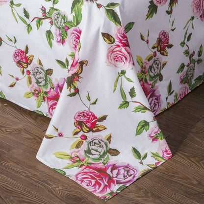 DaDa Bedding Romantic Roses Lovely Spring Pink Floral Garden Fitted & Flat Bed Sheet Set w/ Pillow Cases (JHW879)