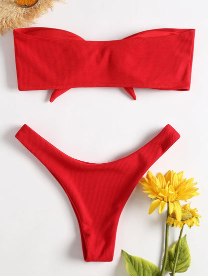 Women's Strapless Bowknot Split Bikini Swimsuit Swimming Suit For Women Women's Tie Knot Front Solid Color Bikini Set Swimsuit Bathing Suits High Cut Bikini Set Strapless Solid Color 2 Pieces Bathing Suit